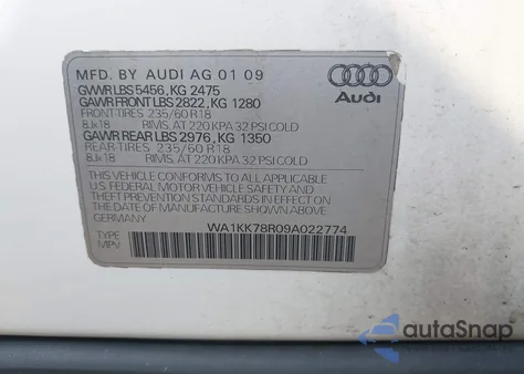 2009 Audi Q5 3.2 Premium из США, поврежденный, VIN WA1KK78R09A022774